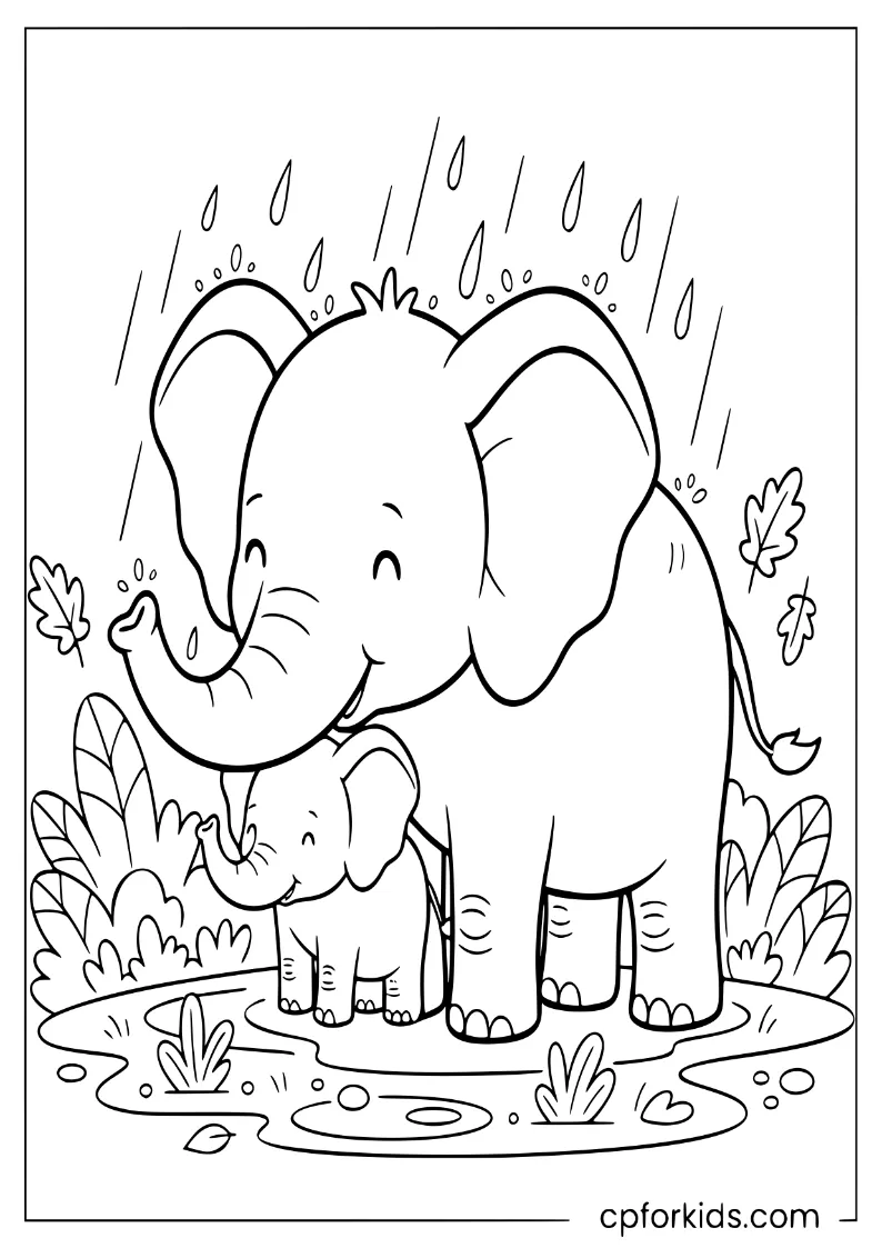 A mother elephant shielding her baby from the rain under a large leaf on a rainy October day