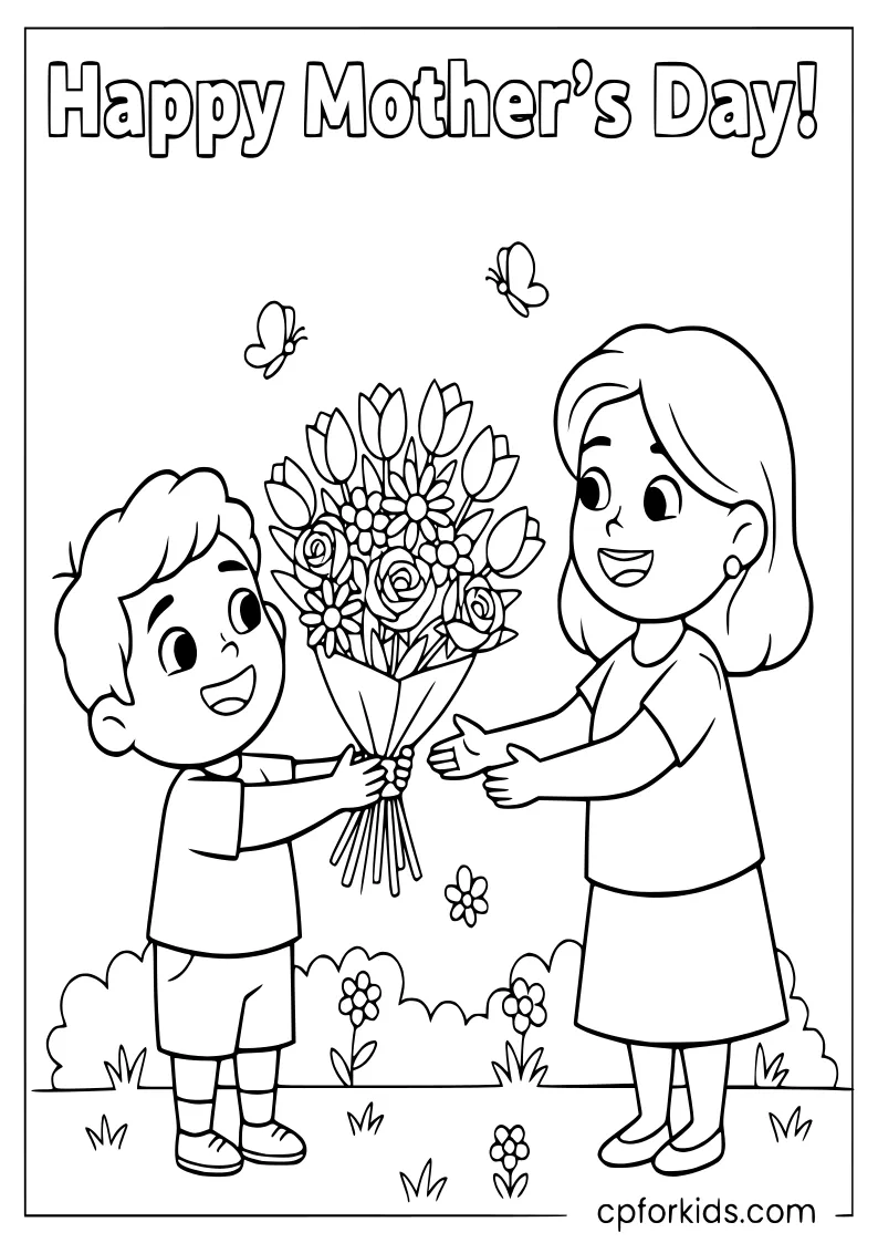 Child giving a bouquet to mom for Mother's Day
