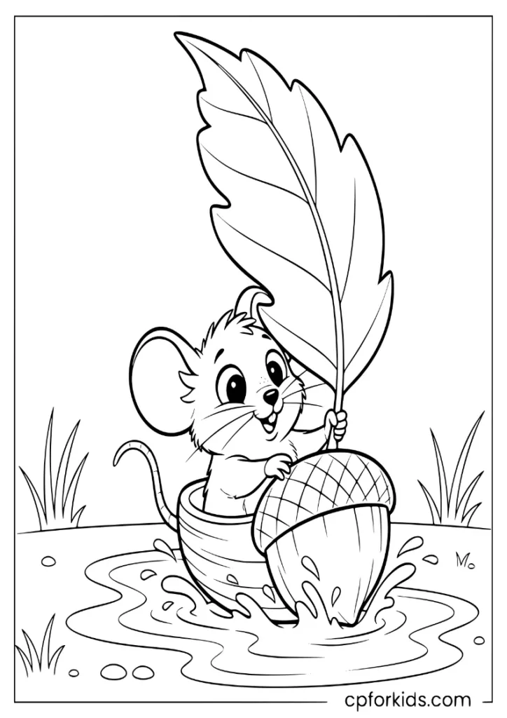 Mouse sailing in an acorn boat, November rain puddle coloring sheet.