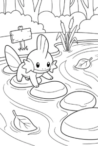 Mudkip stepping across large stones in a shallow stream