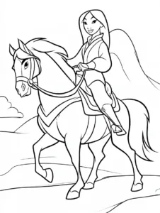 Mulan riding a horse through the mountains