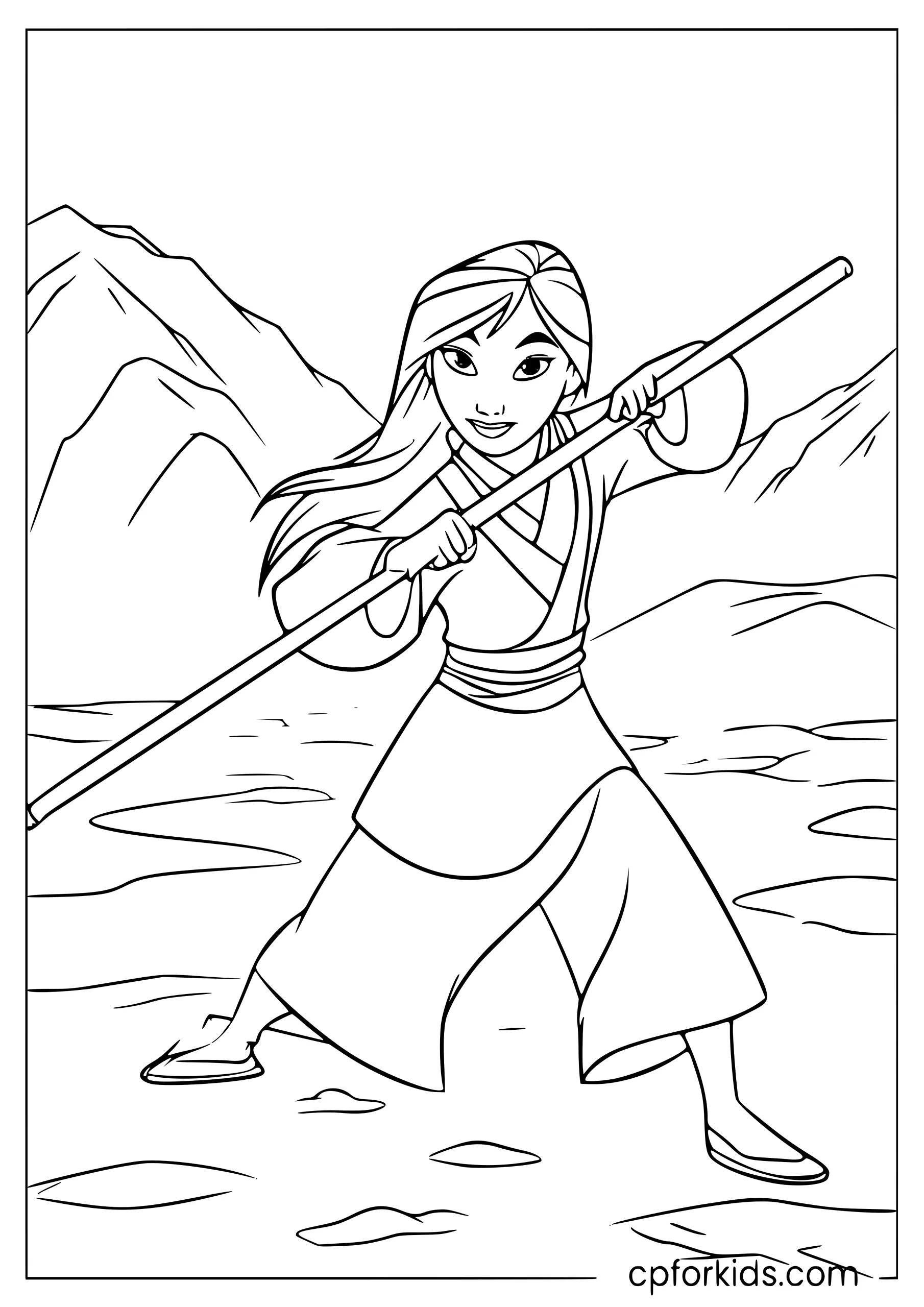 Mulan Fighting with Her Staff