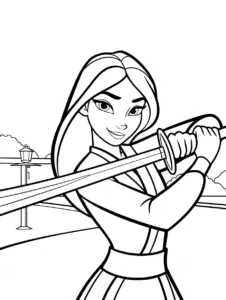 Mulan practicing with a sword in an open courtyard