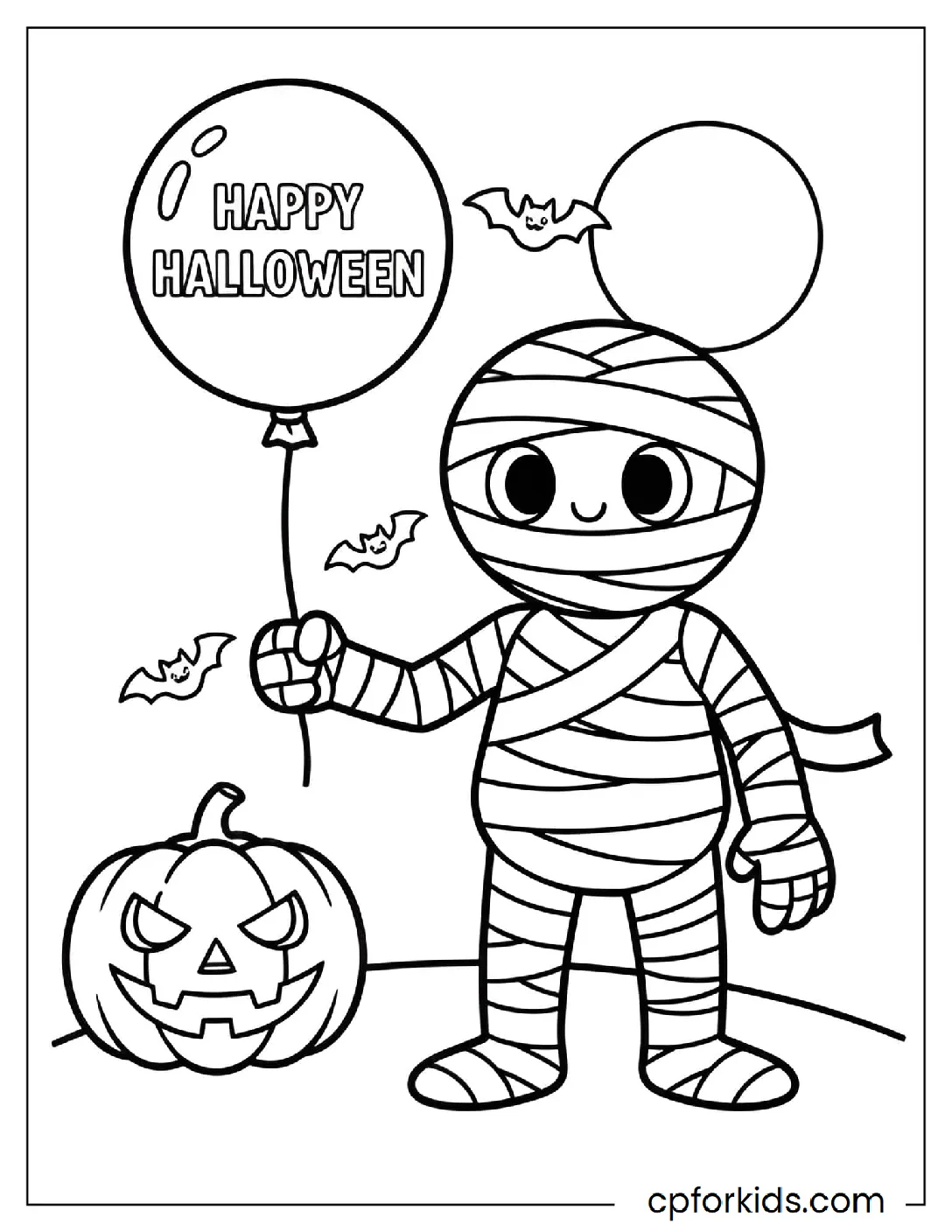 Mummy holding a Happy Halloween balloon