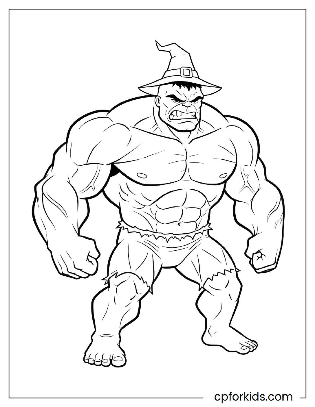 Muscular figure in torn clothes and witch hat
