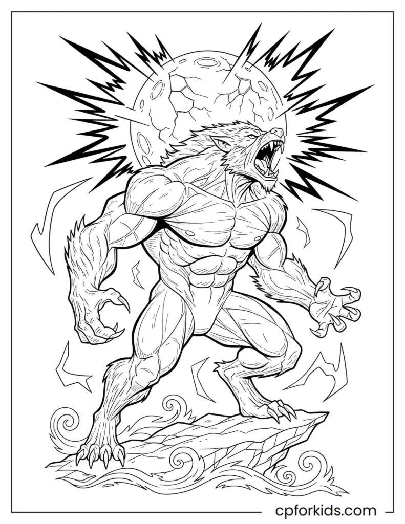 Strong muscular werewolf roaring, dynamic comic book style line art, printable coloring page.