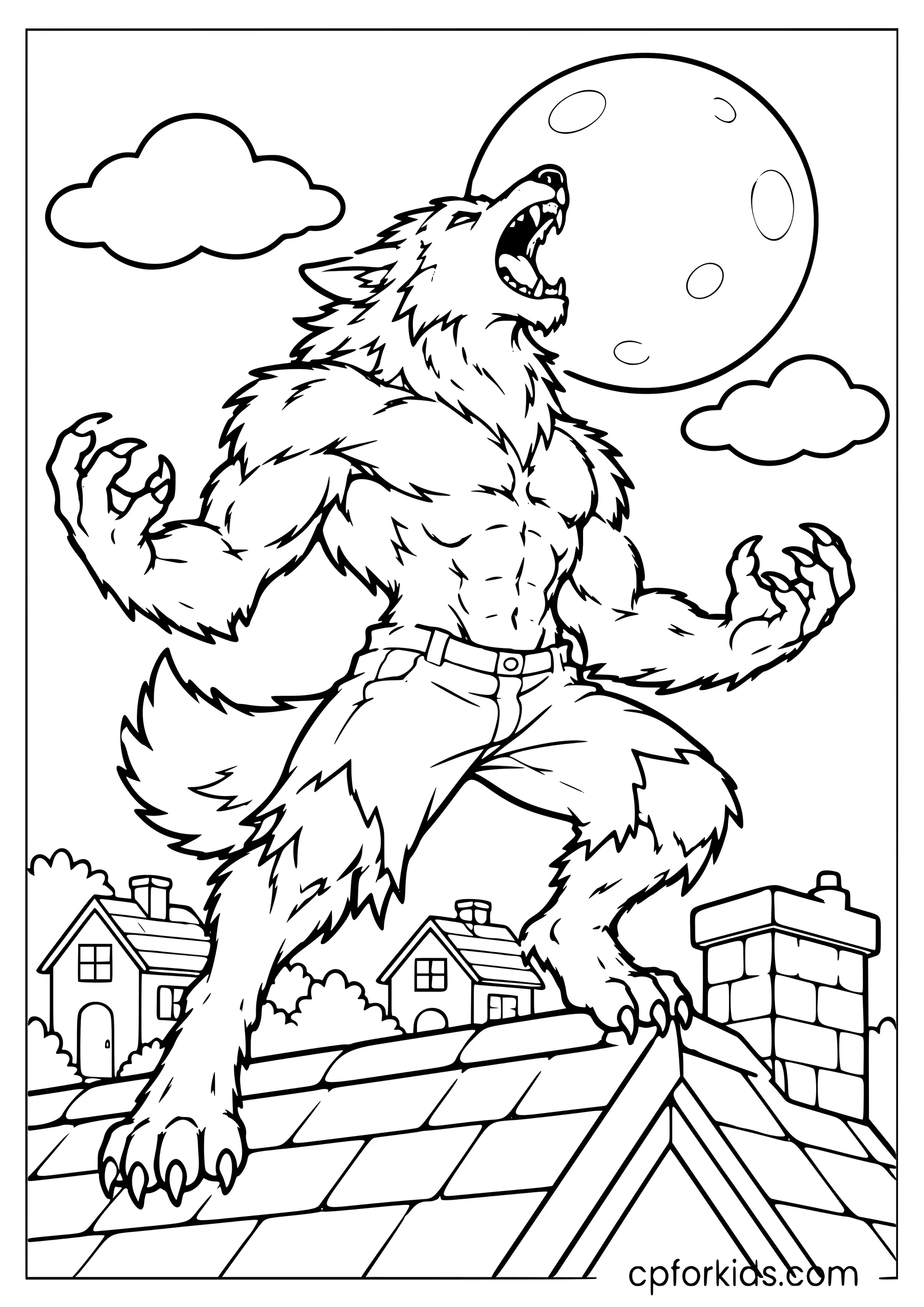 Muscular werewolf roaring on a rooftop above small houses