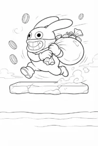 Nabbit running with a sack through a playful scene
