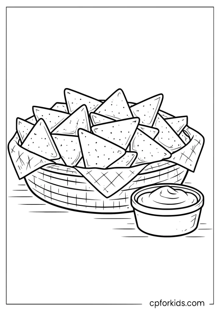 Nachos with cheese dip fast food coloring page for kids