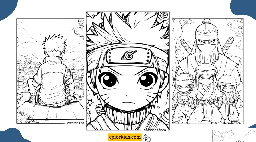 Free printable Naruto coloring pages — young Naruto looking at the village, chibi face close-up, and ninja team