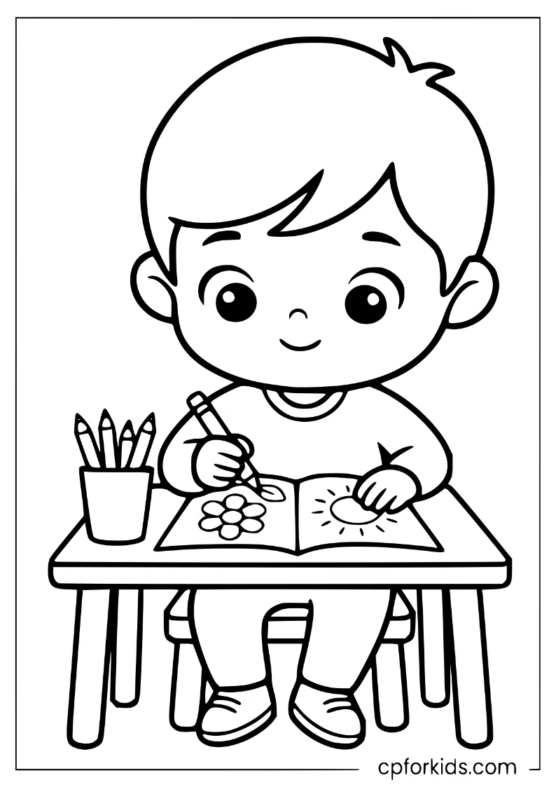 Child coloring at a desk with crayons for National Coloring Book Day