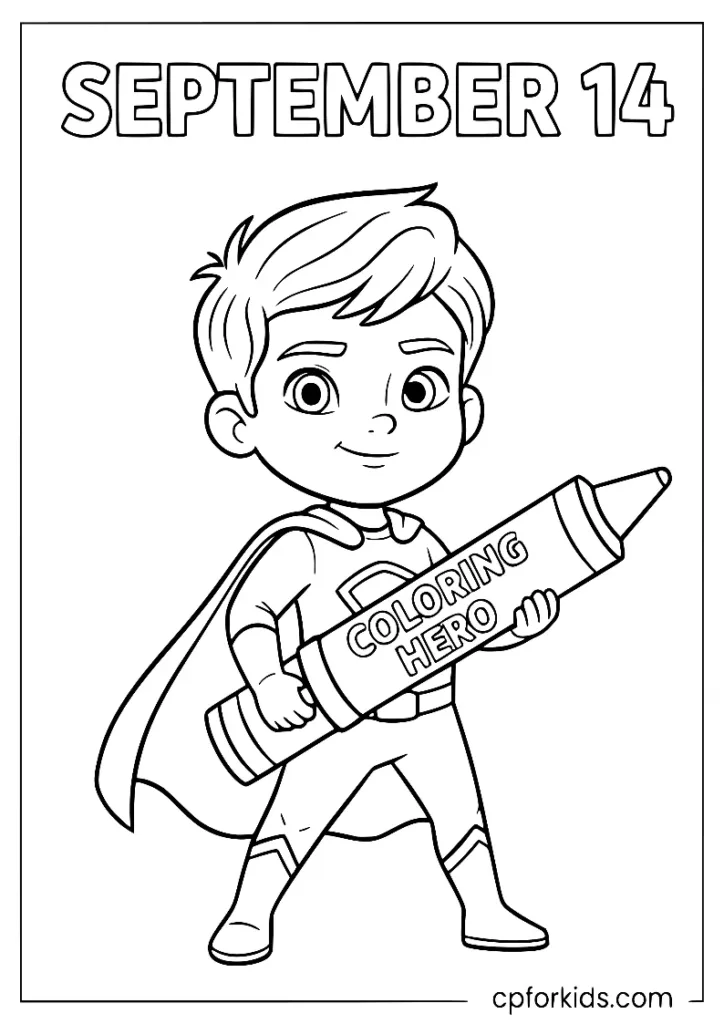 A kid superhero holding a giant crayon for National Coloring Day.