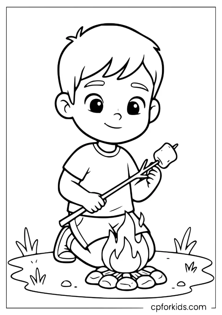 Child preparing s’mores at a backyard campfire for National S’mores Day