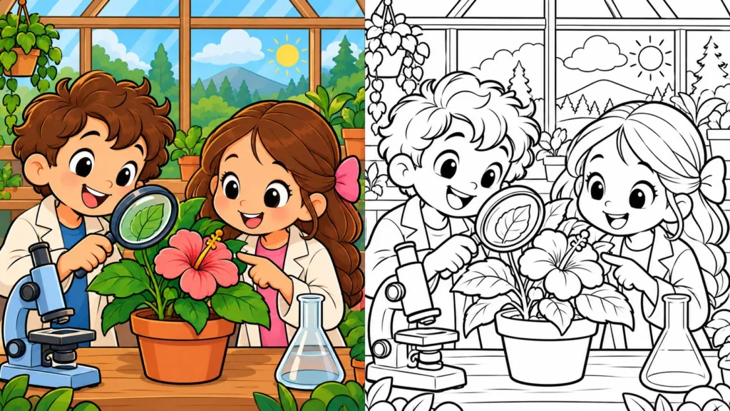 Children examining a plant shown colored and as outlines