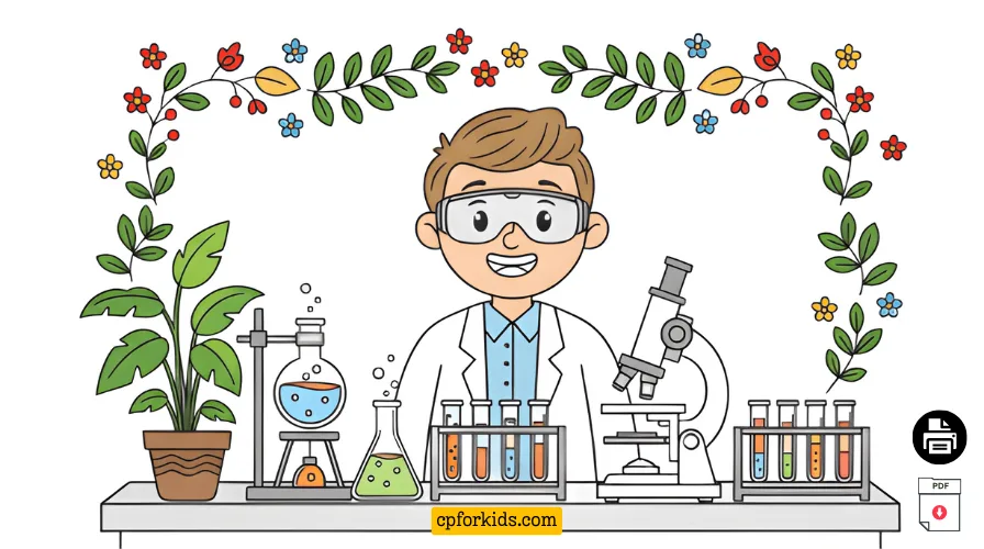 Nature and science coloring pages showing space scenes, biology diagrams, chemistry lab illustrations, and natural landscapes.