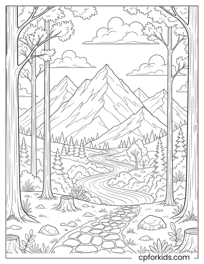 Nature scenery coloring pages for kids and adults featuring forests, mountains, and outdoor landscapes.