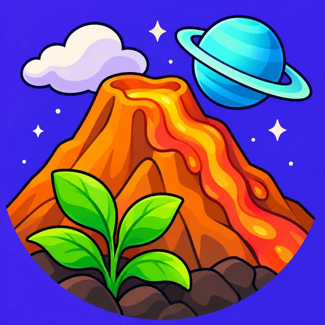Volcano with lava beneath a planet and leafy plant