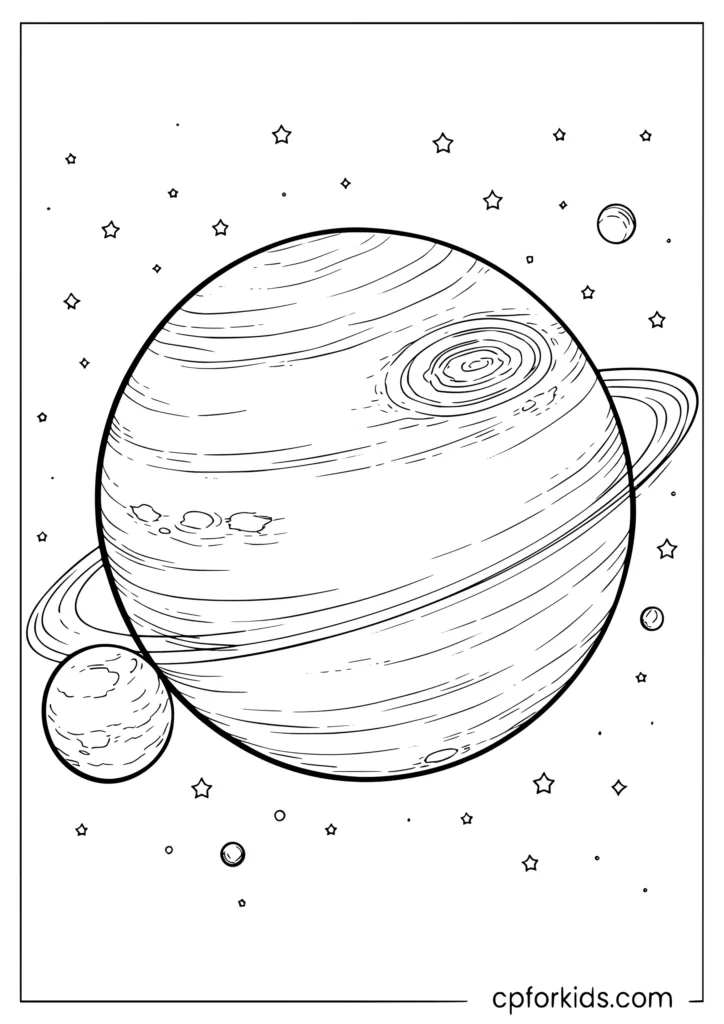 Neptune coloring page with large Neptune showing storm spot and atmospheric bands for kids