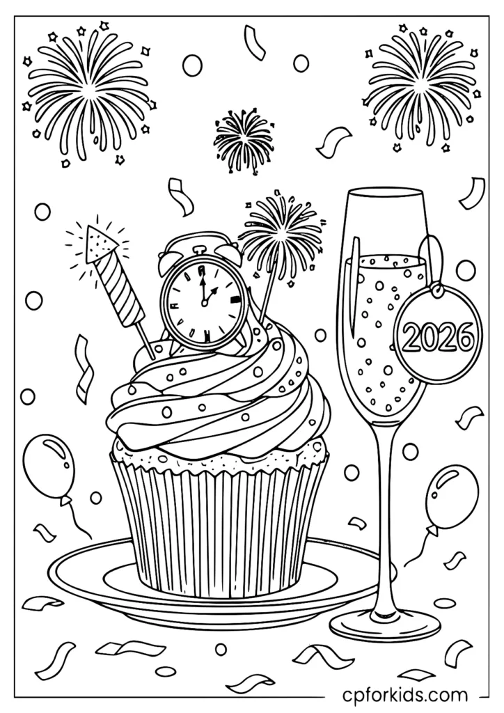 New Year cupcake coloring page on plate beside champagne glass outline