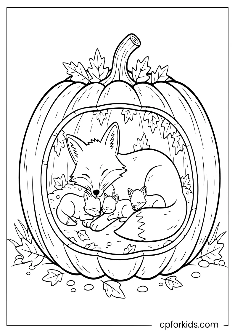 A mother fox and her three newborn cubs sleeping inside a hollowed-out pumpkin nest with autumn leaves