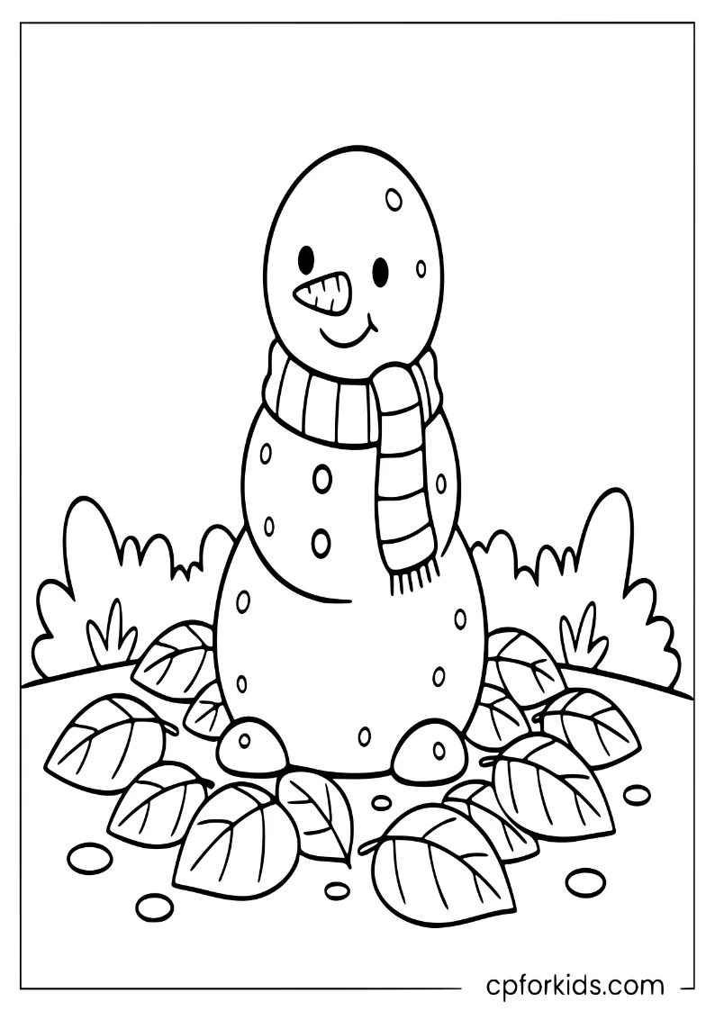 A small snowman in a park with fallen autumn leaves