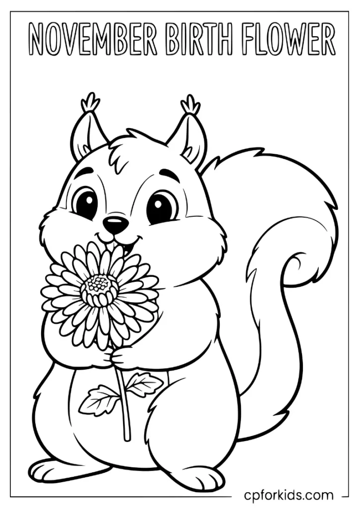 Squirrel holding a chrysanthemum flower, November birth flower coloring sheet.