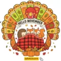 Illustration of a cute turkey, fox, squirrel, and hedgehog under a cozy blanket for free printable November coloring pages and Thanksgiving activities.