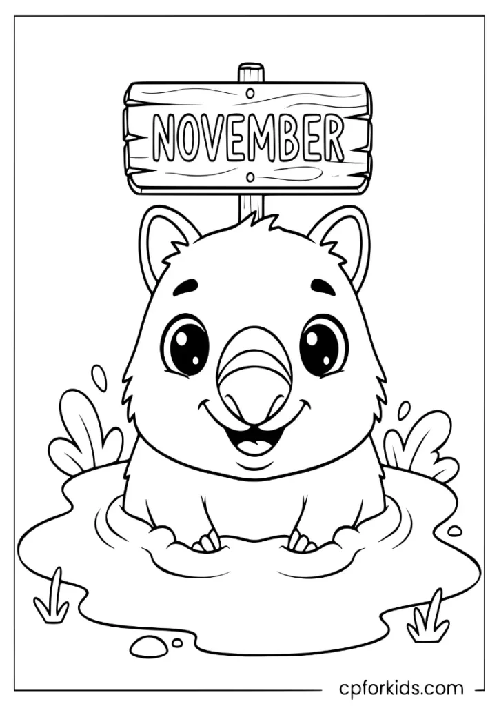 Happy wombat taking a mud bath, unique November animal coloring page.