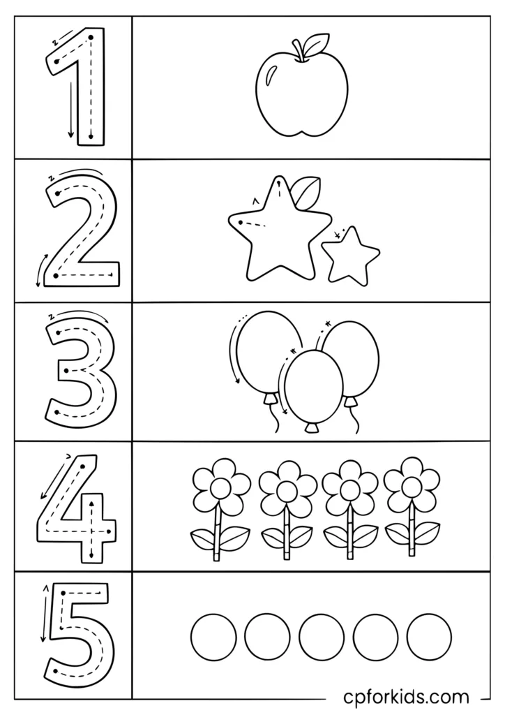 Number 1 to 5 tracing coloring page with dotted numbers and matching objects