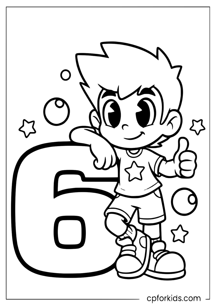 Number coloring pages with a friendly character illustration for kids.