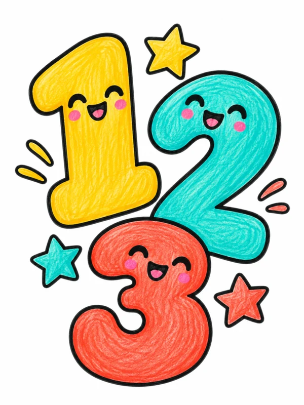 Smiling numbers one two and three with colorful stars