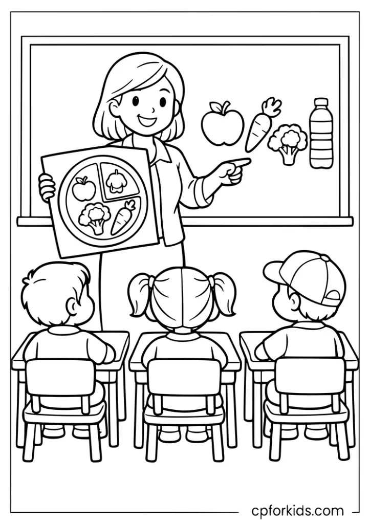 Nutrition class healthy foods coloring page