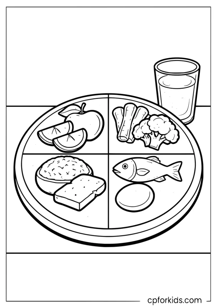 Nutrition month balanced plate coloring page with food groups for kids