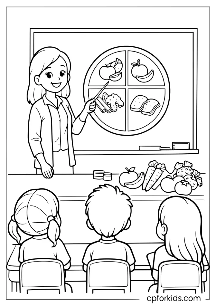Nutrition month classroom lesson coloring page with teacher and healthy foods