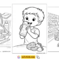 Nutrition month coloring pages featuring a healthy lunchbox, a boy drinking juice, and a family grocery shopping