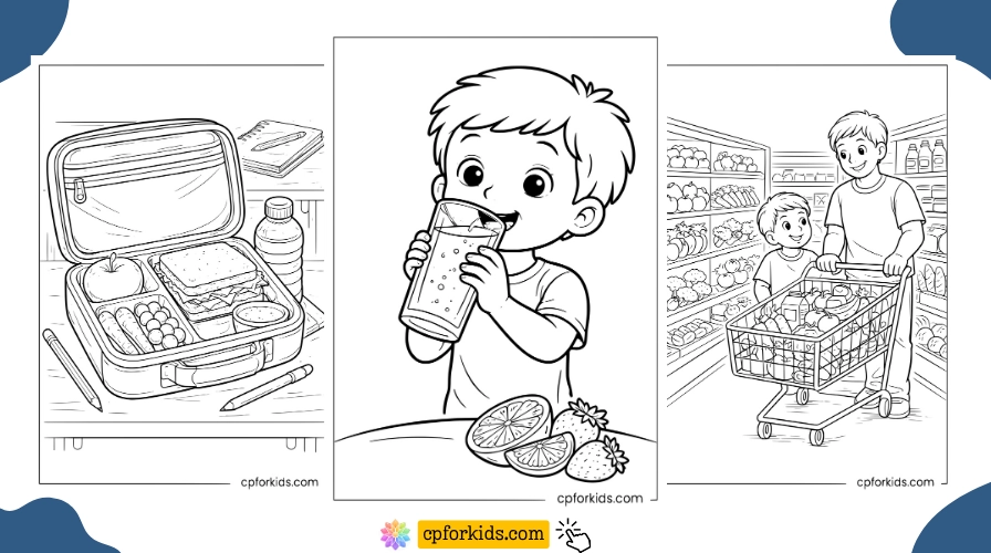 Nutrition month coloring pages featuring a healthy lunchbox, a boy drinking juice, and a family grocery shopping