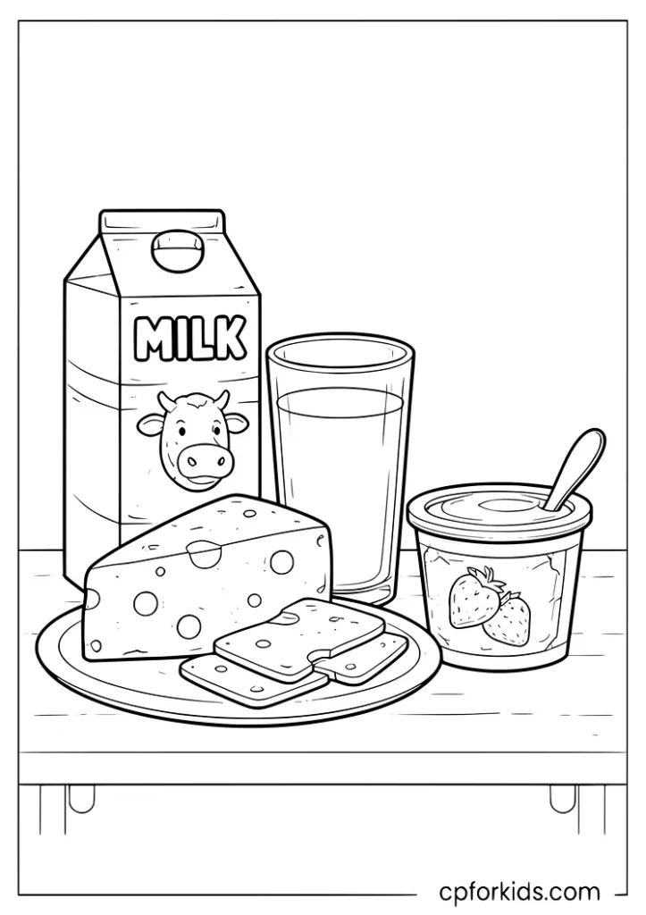 Nutrition month dairy foods coloring page with milk cheese and yogurt