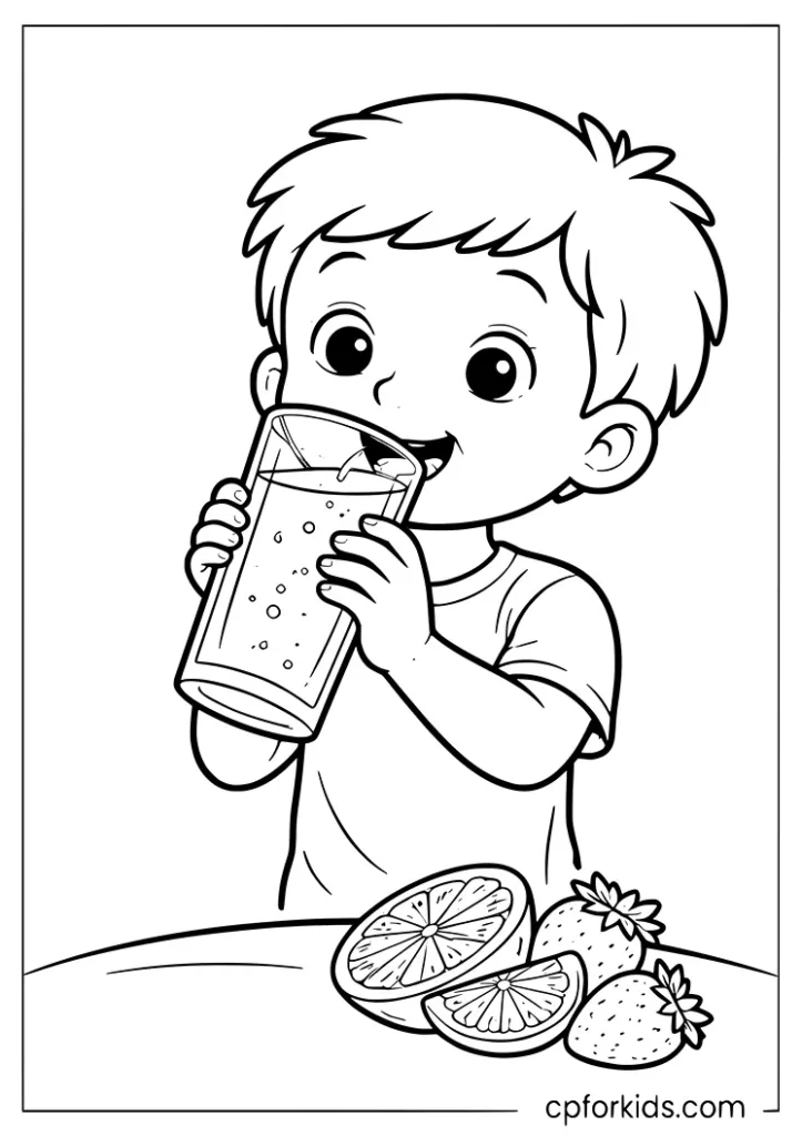 Nutrition month drinking water coloring page with a child and glass of water