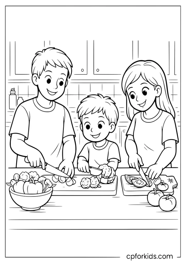 Nutrition month family cooking coloring page with parents and child in kitchen