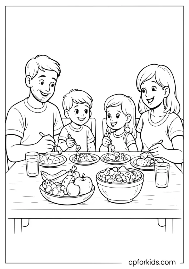 Nutrition month family dinner coloring page with healthy foods on the table