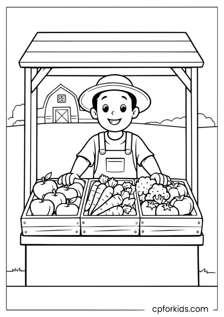 Nutrition month farm to table coloring page with a farmer and fresh produce