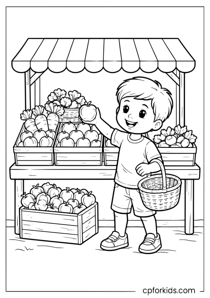 Nutrition month farmers market coloring page with a child choosing fresh produce