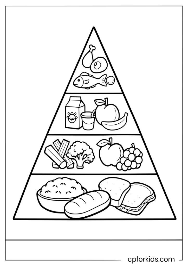 Nutrition month food pyramid coloring page with five food groups for kids