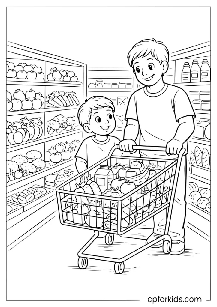 Nutrition month grocery shopping coloring page with a child and parent in store