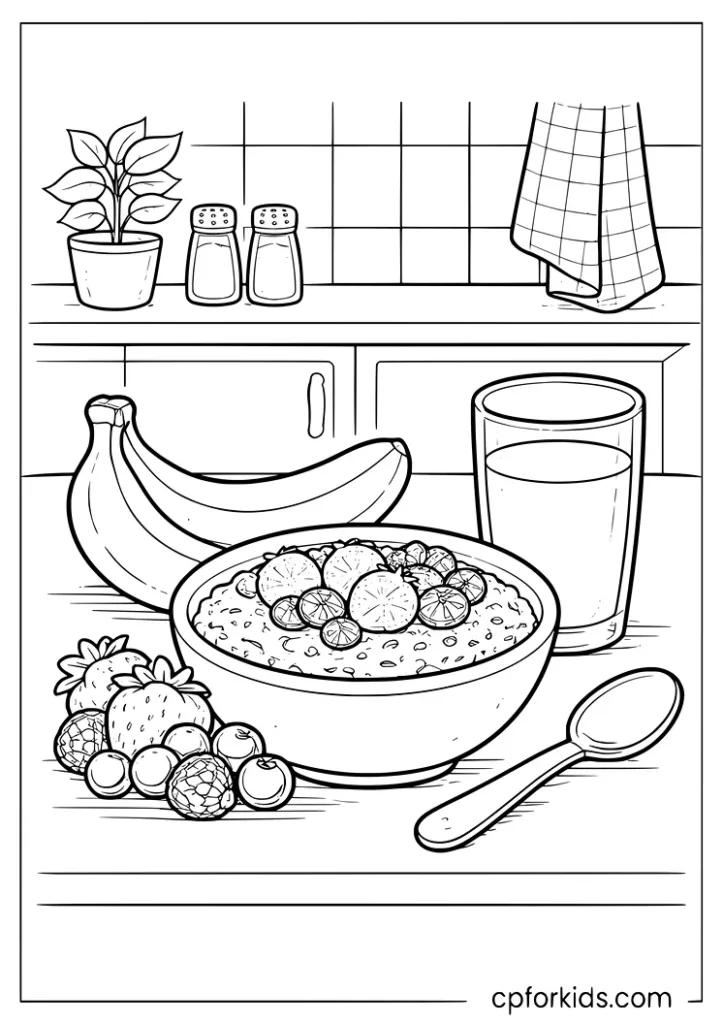 Nutrition month healthy breakfast coloring page with oatmeal fruit and milk