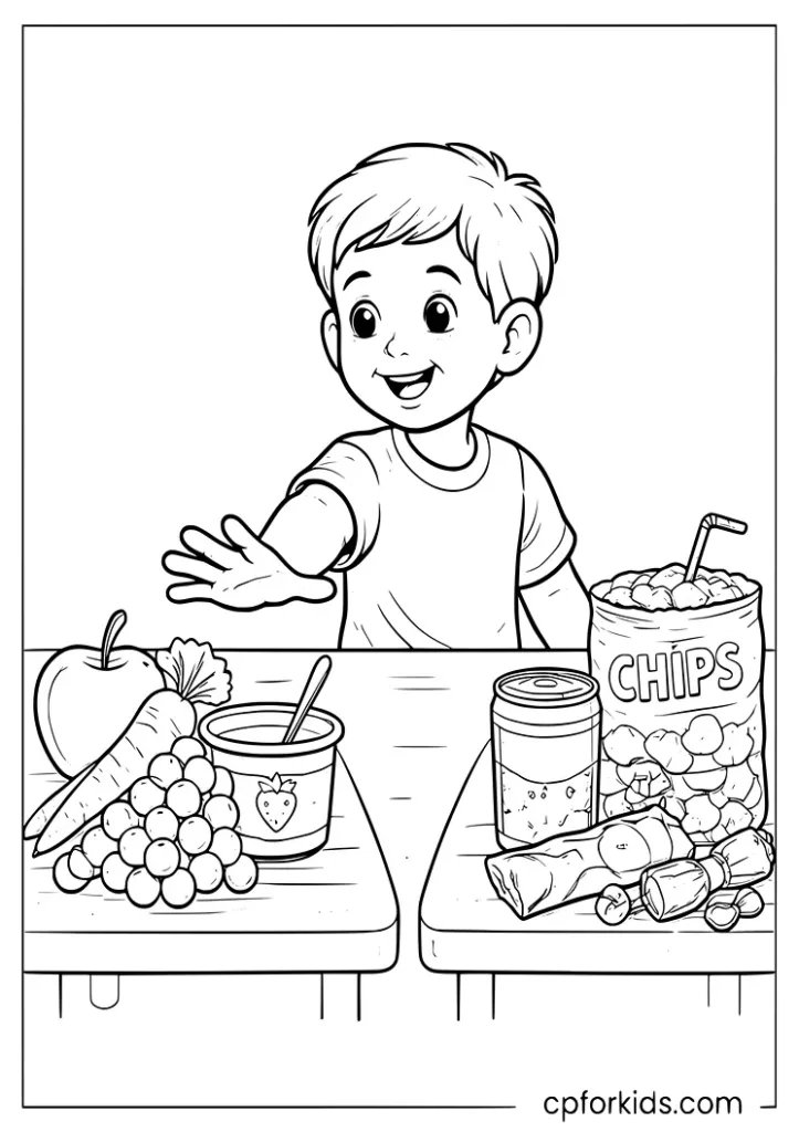 Nutrition month healthy choice coloring page with a child choosing healthy snacks