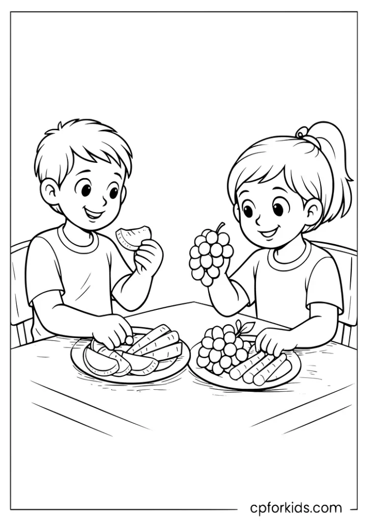 Nutrition month healthy snack time coloring page with kids sharing fruits