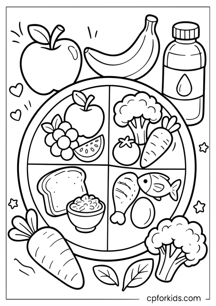 Nutrition month poster healthy food coloring page for kids