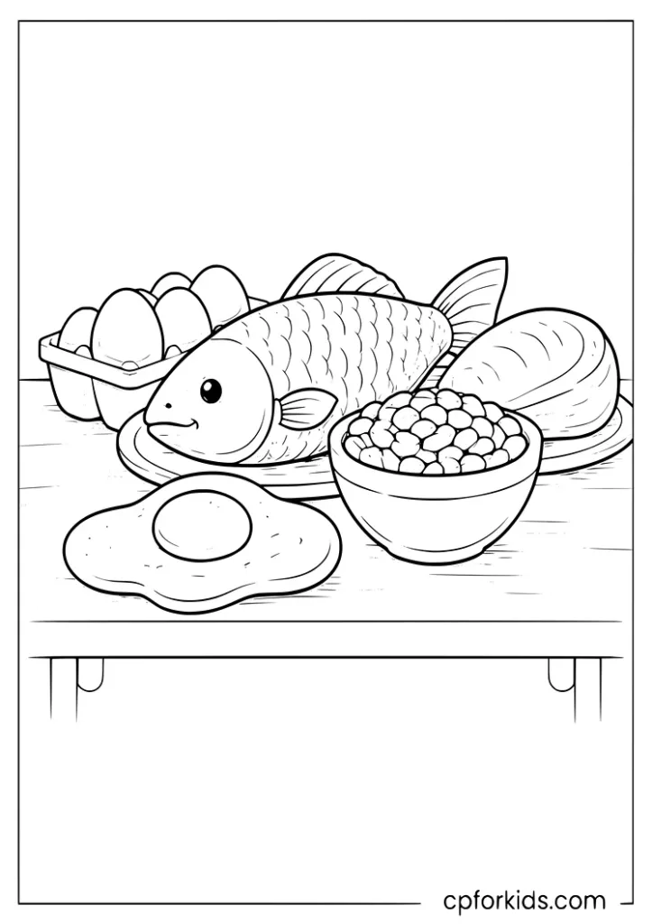 Nutrition month protein foods coloring page with egg fish and beans