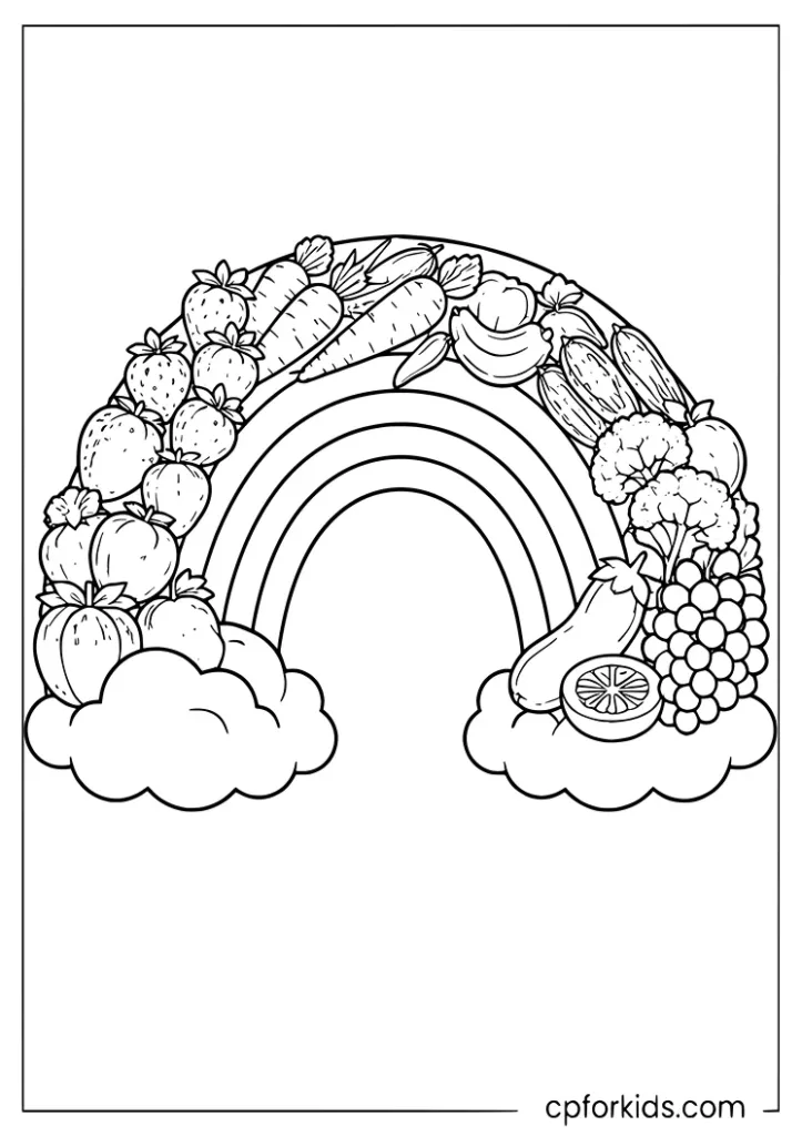 Nutrition month rainbow foods coloring page with colorful fruits and vegetables